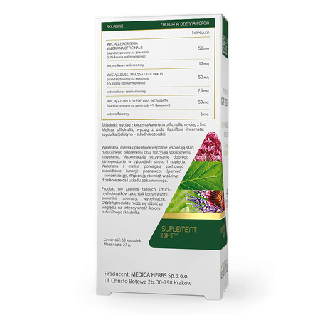 WALERIANA MELISA PASSIFLORA 60kaps. MEDICA HERBS Spokój Odprężenie Zasypianie Stres