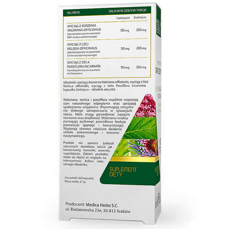 WALERIANA MELISA PASSIFLORA 60kaps. MEDICA HERBS Spokój Odprężenie Zasypianie Stres